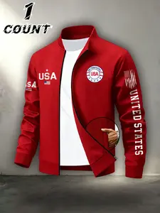 American Style Letter Print Baseball Jacket, Zipper Casual Outerwear, Men's Patriotic Daily Commute Flight Suit Top, Comfortable and Stylish