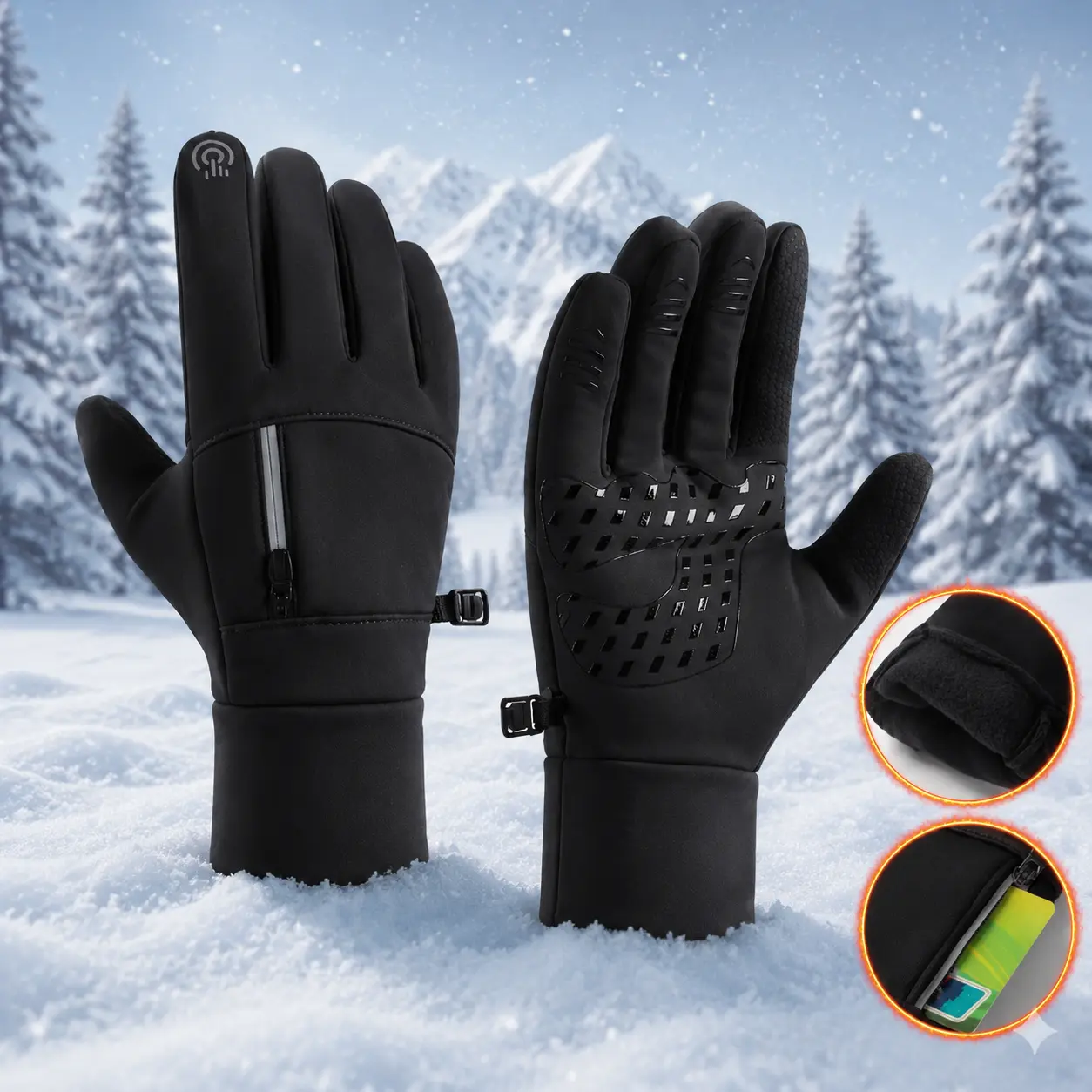 Winter Touchscreen Gloves for Men Women, Thick Fleece Lined Thermal Gloves with Zipper Storage Pocket, Waterproof Windproof Anti-Slip Outdoor Sports Gloves for Skiing, Running, Hiking, Cycling and Driving