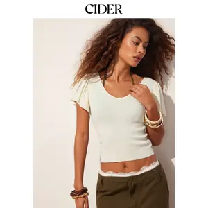 Cider Knit V-Neck Ruffle Sleeve Drawstring Short Sleeve Top