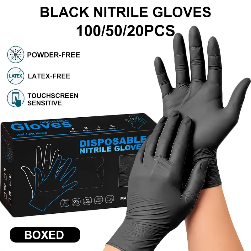 [Boxed] Disposable black nitrile gloves, latex-free, Powder free gloves, suitable for home cleaning, kitchen dishwashing, cooking, food handling, beauty and hairdressing, hair dyeing, thick and durable 5mil nitrile gloves
