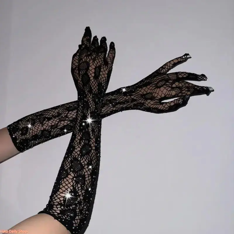 Rhinestone Leopard Sheer Elastic Fishnet Gloves - Glamorous Auspicious Sparkling Glove for Christmas, Engagement Festival Costume Fashion Accessory, Sheer Gloves