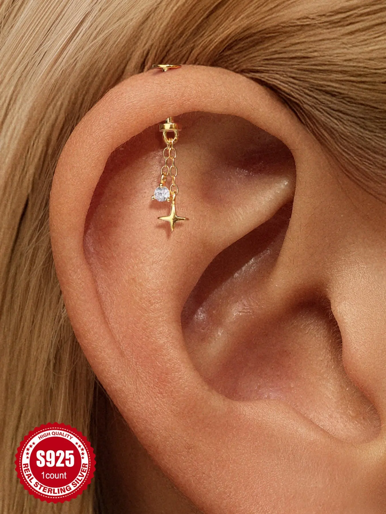 Waterproof 18K Gold Plated S925 Sterling Silver Four Pointed Star Cartilage Stud | 1PC Sparkly CZ North Star Tassel Dangle Earring | Tarnish-Free Sleep Safe Flat Back Internally Threaded Screw Back Piercing Jewelry Gift