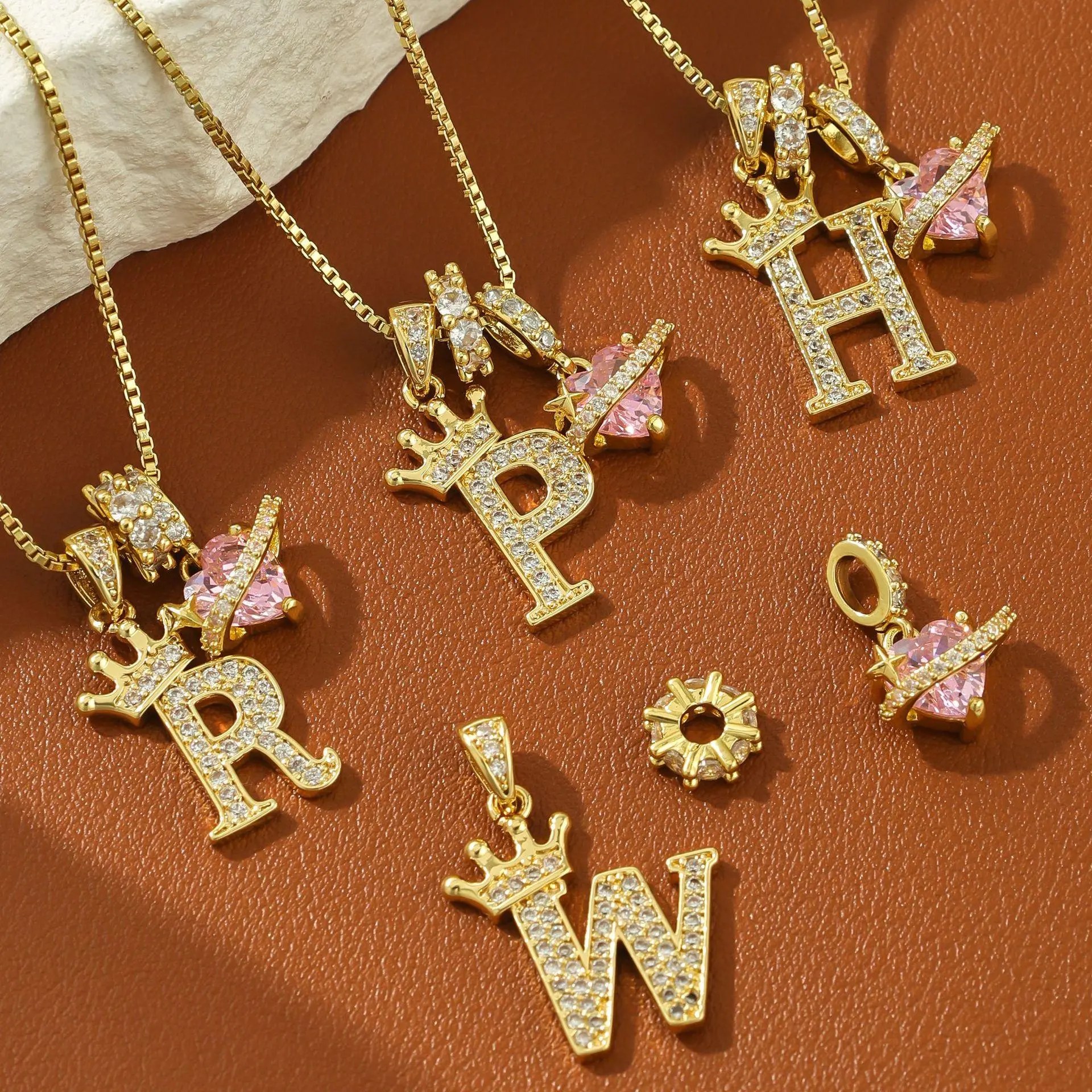 14K Gold Plated A-Z Letters Necklace Crown Initial Heart Pendant, Personalized Pink Heart Shiny Cubic Zirconia Pendant Necklace Alphabet Name Chain Holiday Gift Party Birthday Wedding Engagement Anniversary Jewelry