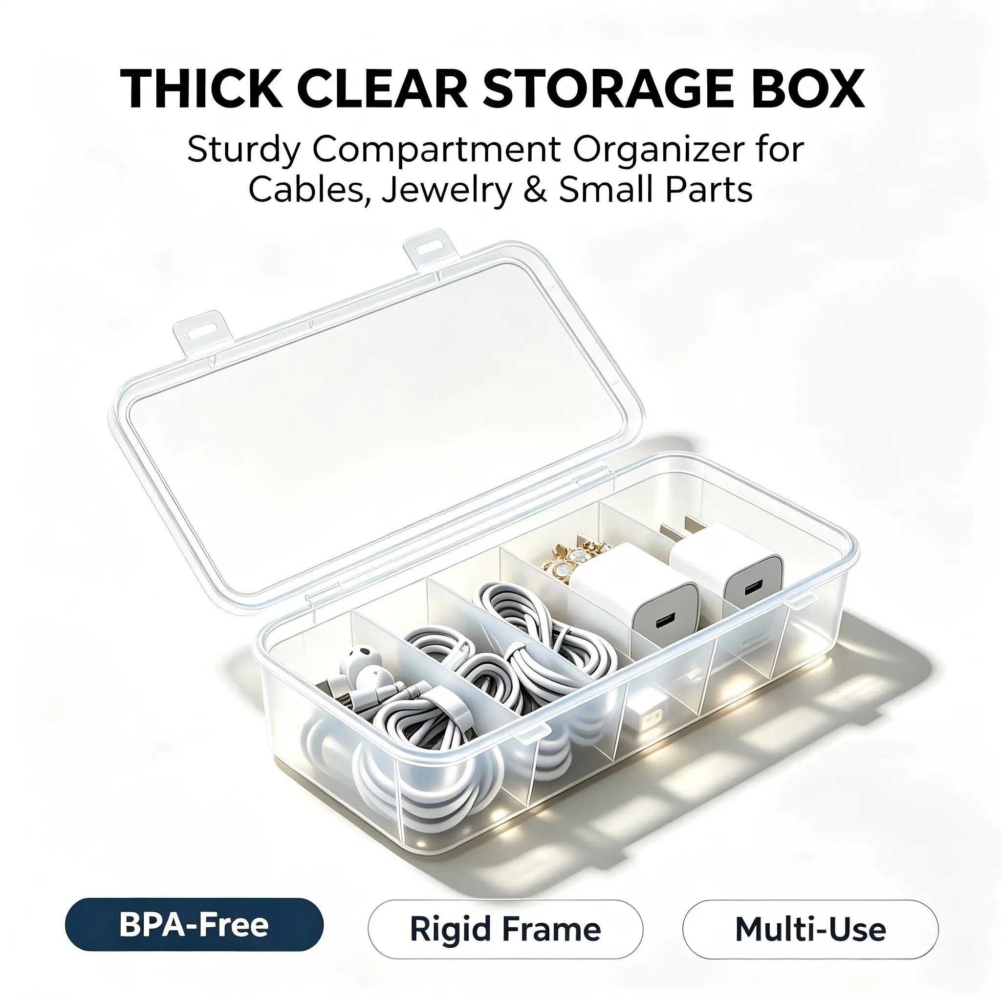 Cable Organizer Box W/Labels - Charger Box, Stackable W/Lids-Cord Organizer Junk Drawer- Cord Storage Box for Desk -Cable Organizer case, Multiuse Organizer