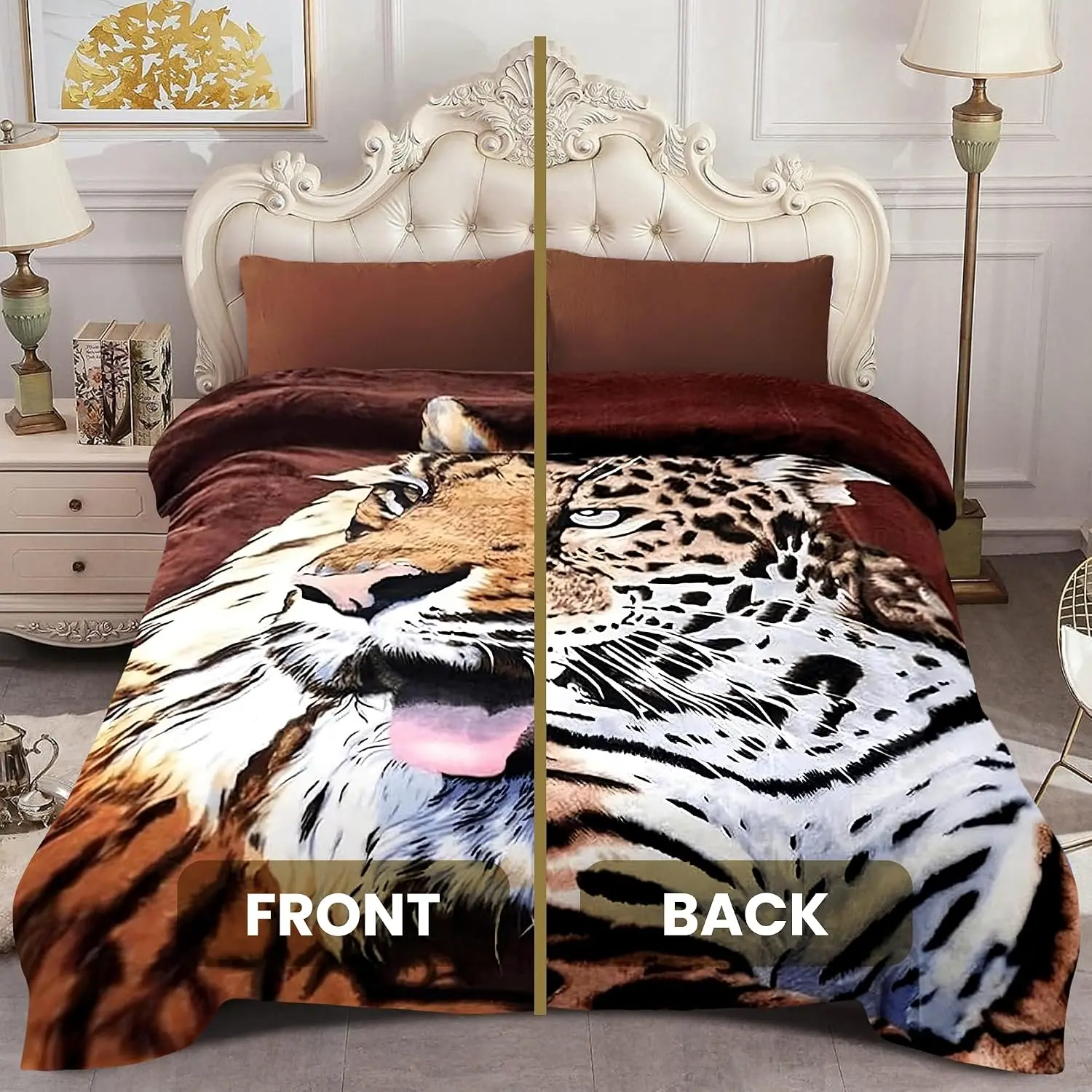 Korean  Blanket - 2 Ply Thick & Soft Reversible Printed Plush - Warm Cozy & Comfy Korean Faux  Blanket - Easy Care, Fade-Proof, Tiger/Leopard Style,  Size, 6 LB, 83 in x 91 in