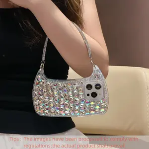 Luxury Glass Rhinestone Handbag Design Phone Case Cover for iPhone 17/16/15/14/13 Pro Max Plus, Fashionable Women's Flashy Bracelet, Handmade