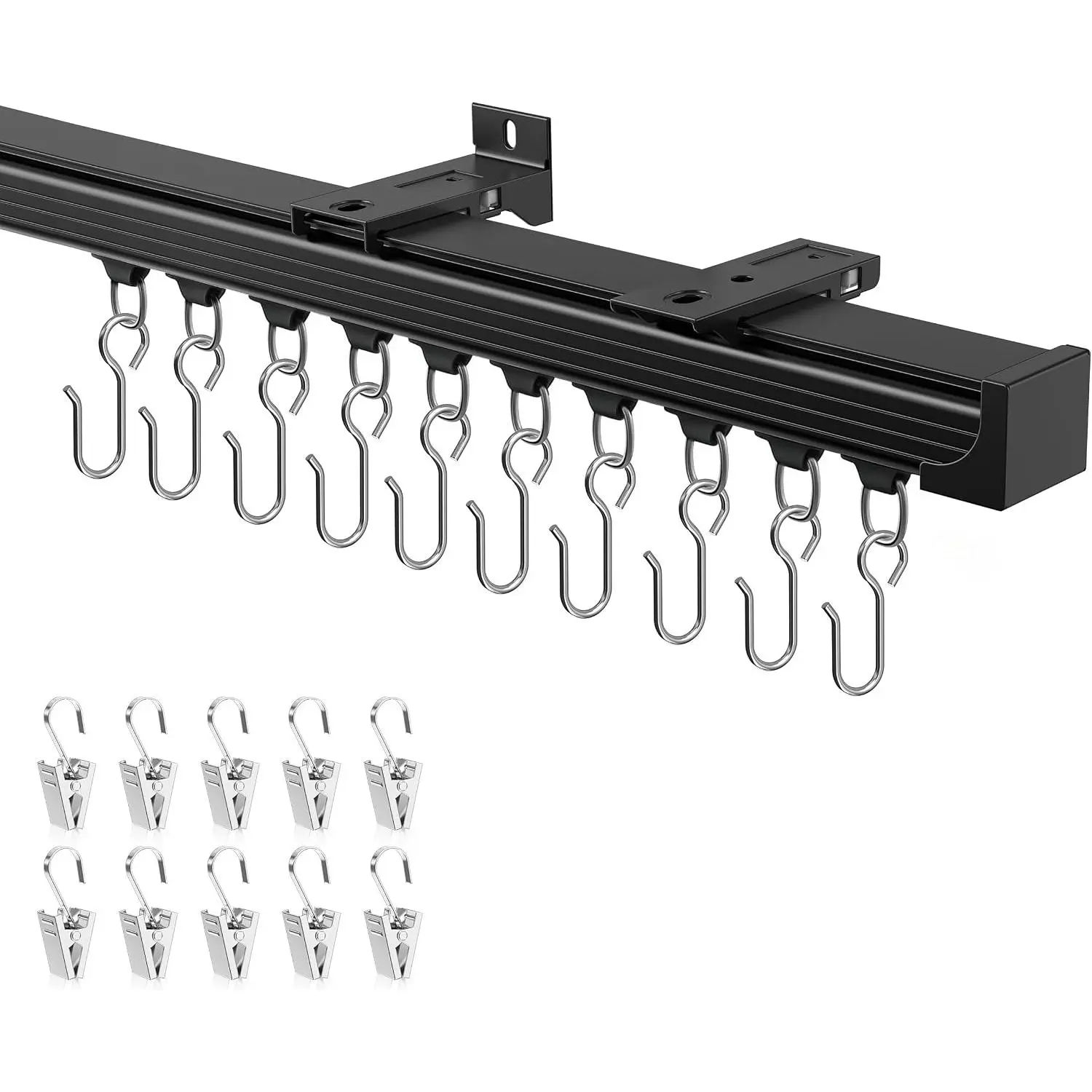 Ceiling Curtain Track Black 6-9 ft Heavy Duty Ceiling/Wall Mount Rail | Includes 30 quiet-glide rollers, 30 hooks and 30 clips. Supports up to 50 lbs for room dividers, bathrooms and hospitals
