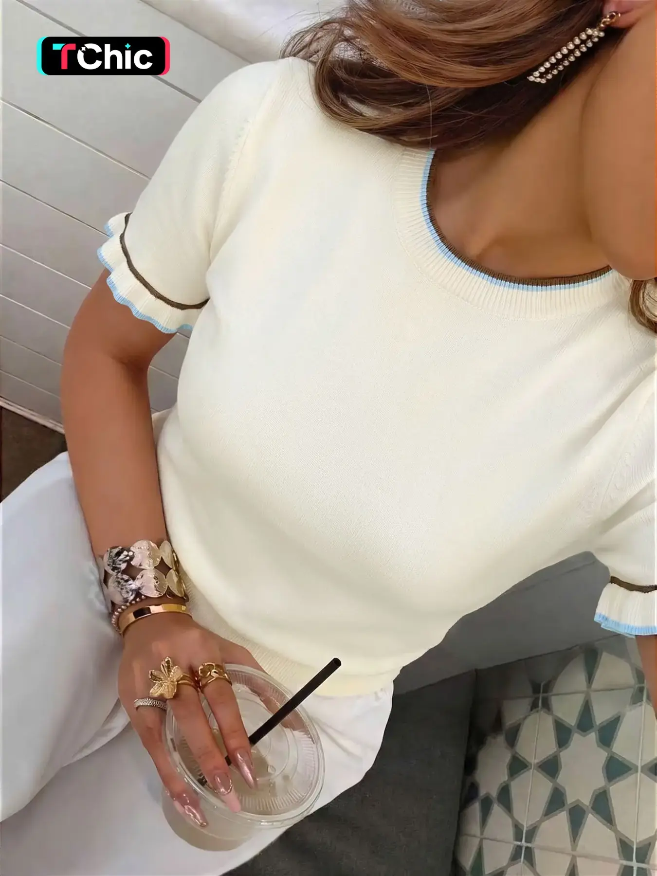Women's Summer Casual Colorblock Ruffle Round Neck Short Sleeve Knit Cardigan Top, Stylish and Comfortable, Perfect for Daily Wear