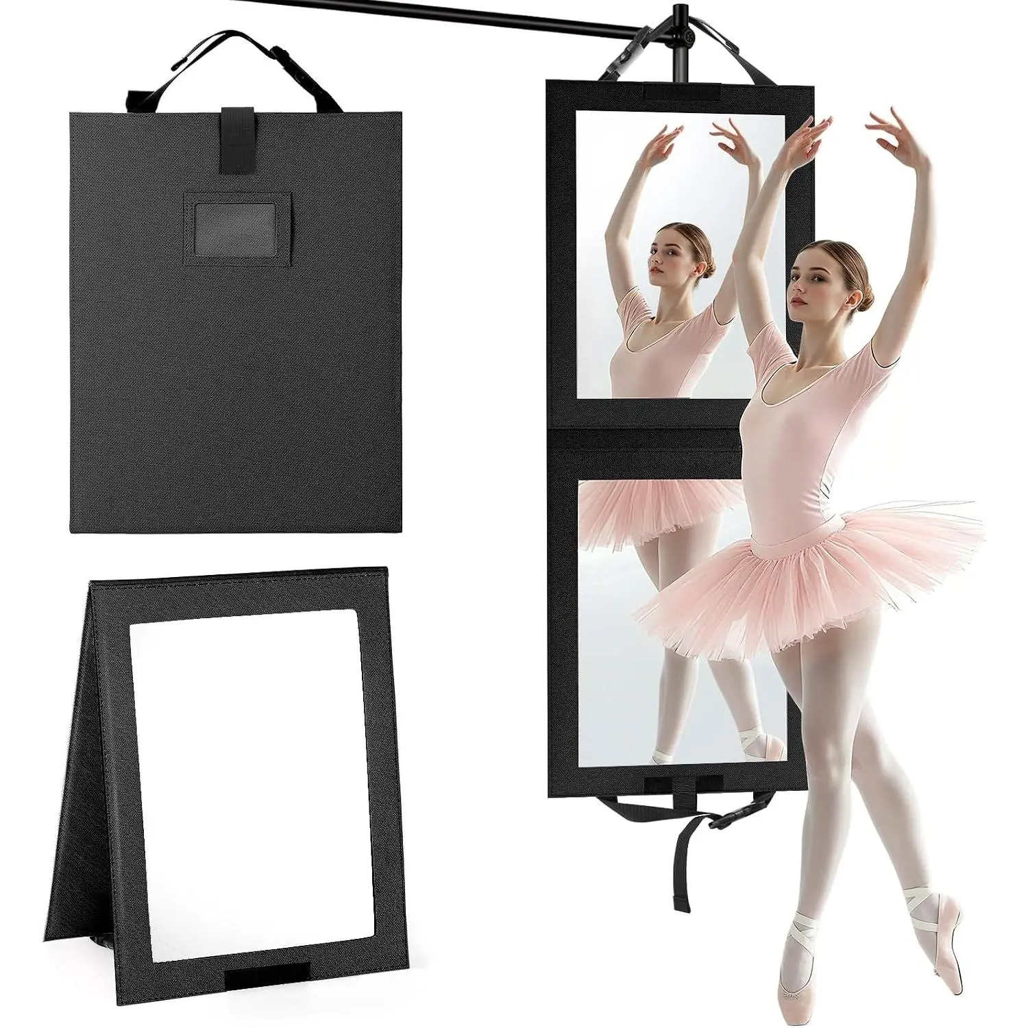 Foldable Portable Full Length Mirror for Dancer Camping and Travel Shatter-Proof Acrylic Hanging Mirror with Handle 33x13 Inch Full Body Backstage Mirror Black