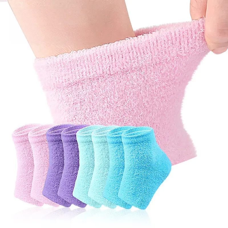 Moisturizing socks for cracked heels; comfortable gel-lined spa socks that hydrate and soften dry feet; moisturizing, open-toe sleep socks.