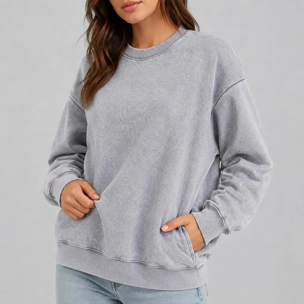 Women's Basic Sweatshirt, Oversized Acid Wash Crew Neck Pullover with Drop Shoulders and Side Pockets, Vintage Longsleeve Streetwear, Minimalist, Longsleeves, Digital Print, Machine Wash, Oversized Cut, Pullover Sweat