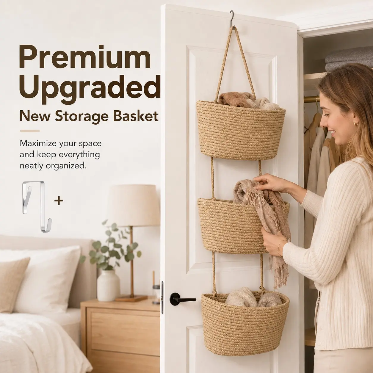 Woven Cotton Three-Layer Wall-Mounted Storage Basket, Room Organizer, Decorative Basket, Makeup Storage, Bathroom Essentials Holder