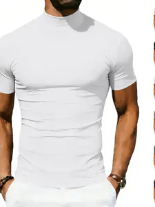 Men's Half High Neck Short Sleeve T-Shirt, Slim Fit Stretch Solid Color Basic Top, Casual Sporty Top, Casual Fitness Sport Wear, 6 Colors, Sizes S-Xxl