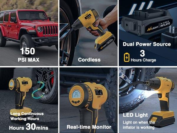 Nilight Automotive Tire Inflator - 20V Rechargeable Cordless Tire Pump, 150PSI Digital LCD Gauge with Auto Shut-Off, DC 12V Adapter Dual Power Car Repair Tool, PSI/Bar/KPA Swap for Cars, SUVs (0-35PSI Range)