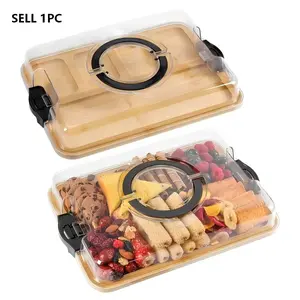 1 piece of portable food tray plate, with handle, with transparent acrylic cover, reusable dessert plate, suitable for cooked meat, fruits, biscuits, appetizers, outdoor picnics, kitchen, holiday party gatherings, suitable for Christmas, Halloween