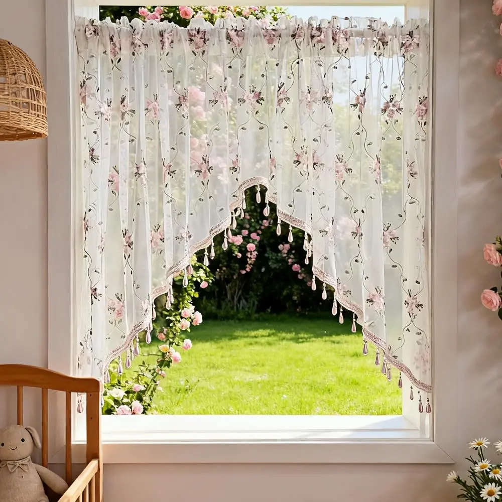 1PC Victorian Floral Sheer Swag Curtain Valance, 59 x 31 Inches, Pink Embroidered Window Valance with Beaded Trim and Rod Pocket for Kitchen and Bedroom