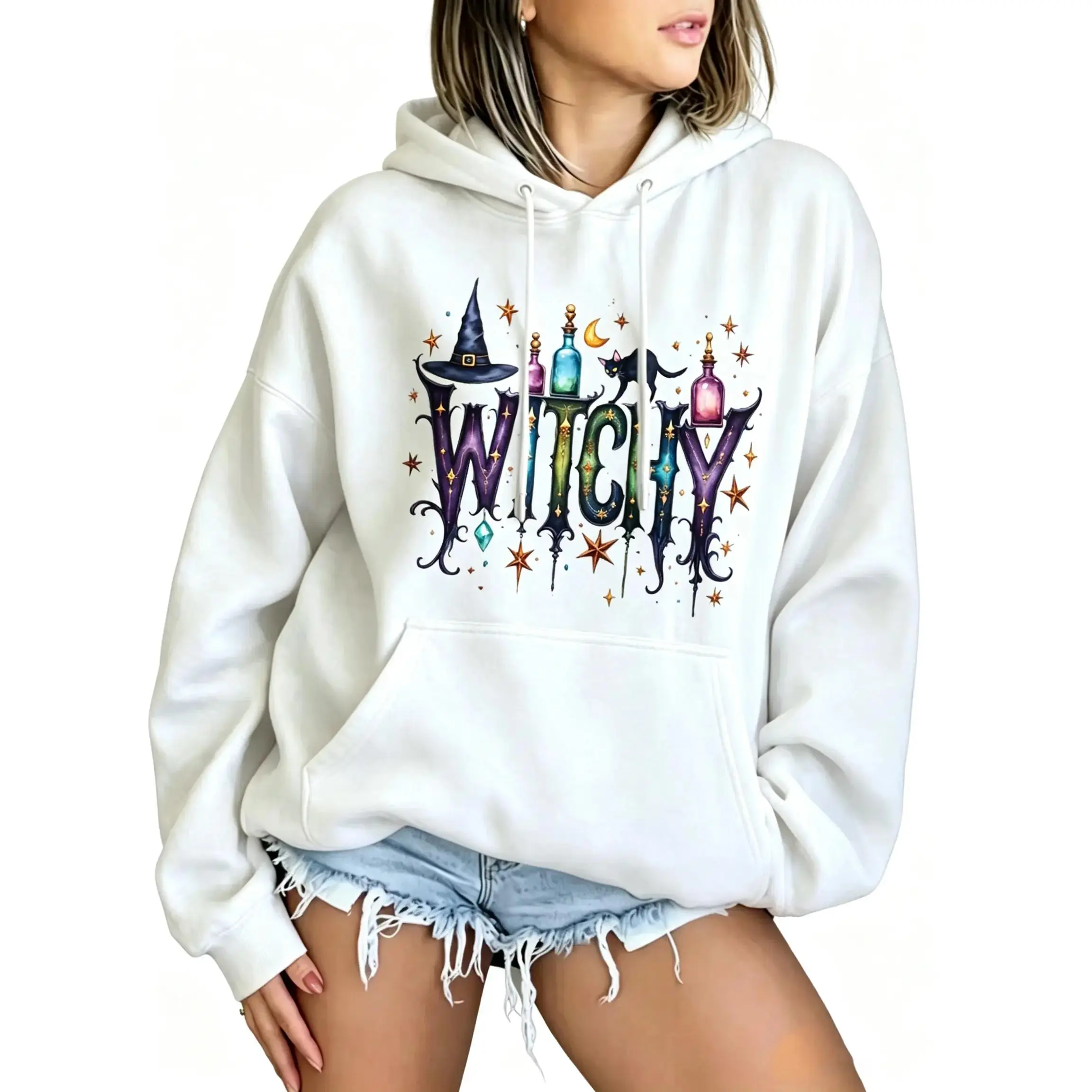 Women's Oversized Witchy Hooded Sweatshirt - Longsleeve Crew Neck Relaxed Fit Cotton Blend Medium Length with Colorful Witch Theme Graphics (Witch Hat, Potion Bottle, Black Cat, Moon, Stars) - Spooky Halloween Casual Hooded Sweatshirts for Women