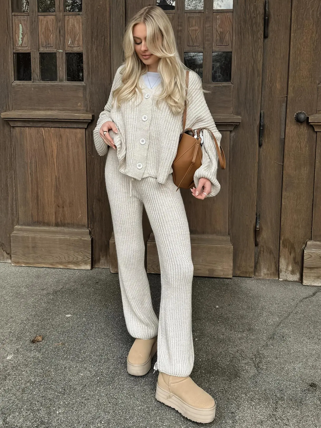 Two-Piece Y2K Loose Fit Set, Elegant Long Sleeve Knit Top, V-Neck Button Front, High Waist Pants, Ideal for Engagement