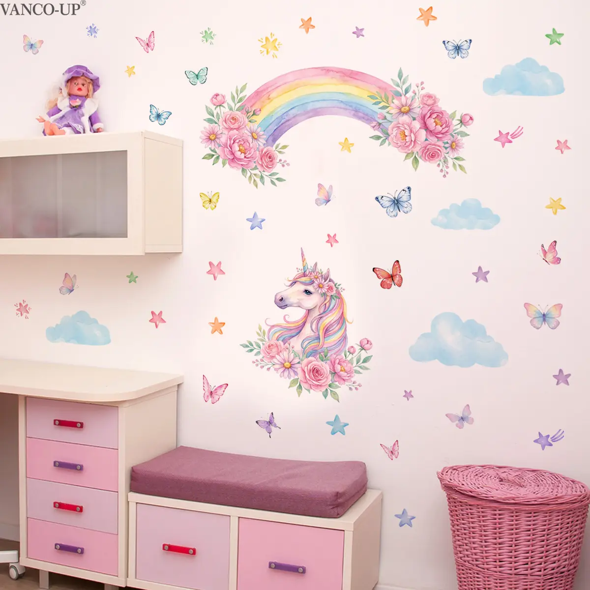 2Pcs Set (3060cm2pcs) Macaron Rainbow Cloud Star Self-Adhesive Wall Stickers, Healing Fairy Tale Style Wall Decals for Room Decor, Bedroom Decorations