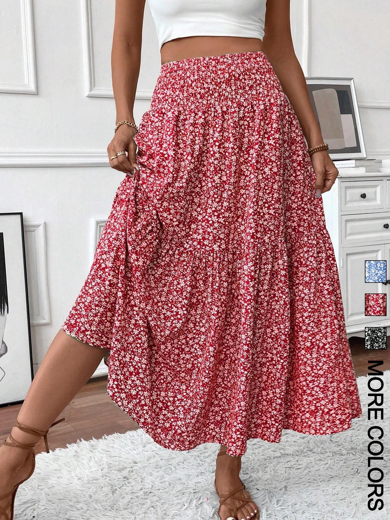 Women's Ditsy Floral Print A Line Ruffle Hem Skirt, Boho Fashion Casual Skirt for Daily Holiday Vacation Wear, Ladies Bottoms for Summer