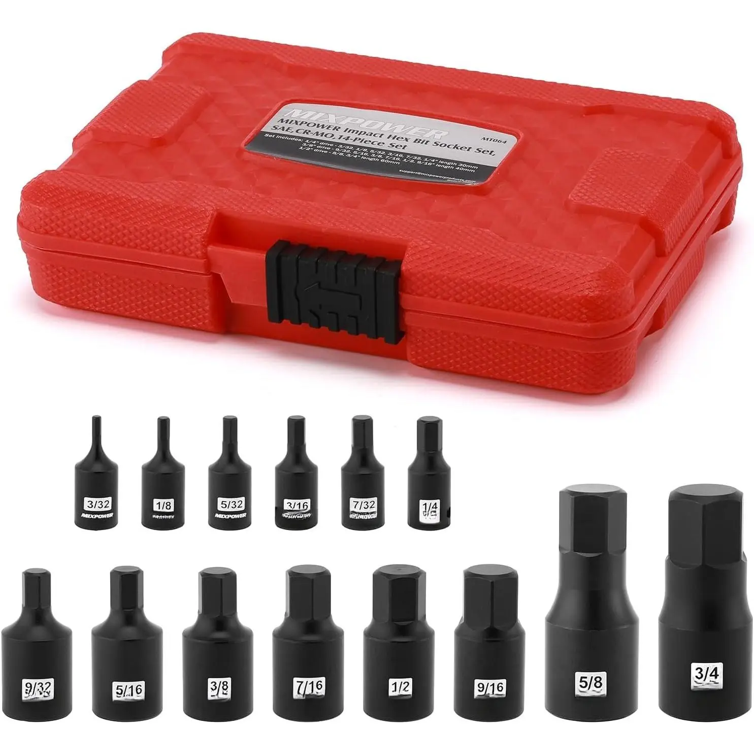 14- Dr. Bit Socket Set, 3/32 to 3/4, 1/4", 3/8" and 1/2" Drive, Cr-Mo  Grade, SAE, Hex Bit Socket