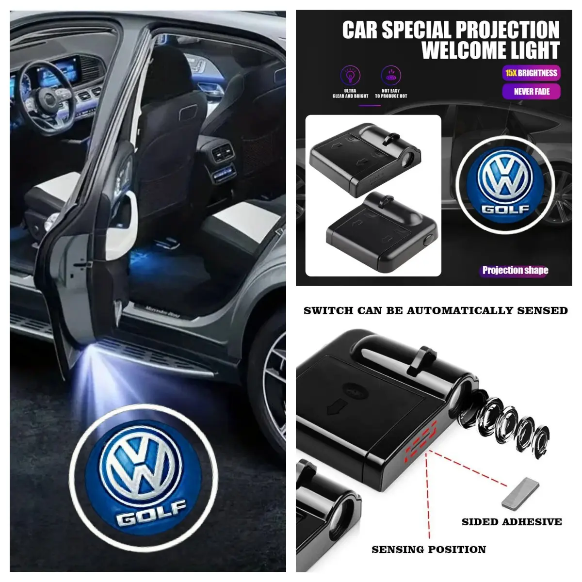 2/4 Pcs LED Door Welcome Projector Lights Compatible with Tiguan, Atlas, Taos, Jetta, Atlas Cross Sport, Golf GTI, Golf R, ID.4, Waterproof HD Ghost Shadow Puddle Courtesy LED Decor Lights