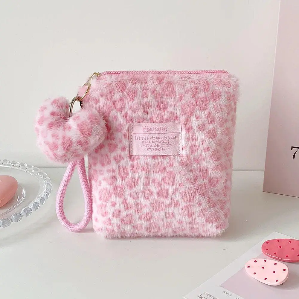 Retro Handheld Plush Leopard Pattern Makeup Bag for Girls, Portable Skincare Storage Bag for Students, Small Toilet Bag