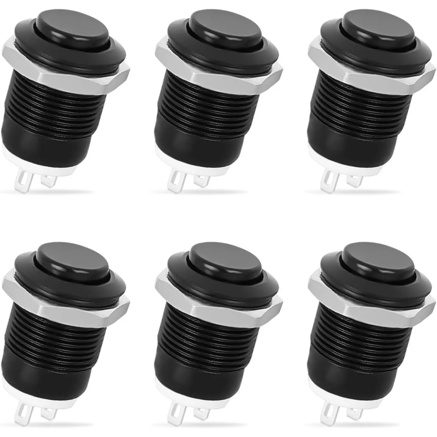 Nilight 12mm Momentary Push Button Switch, 6PCS 12V Waterproof Black Metal Small Round 2-Pin Switch, 1A/250VAC AC/DC for Car Wranglers, Boat Household Appliances
