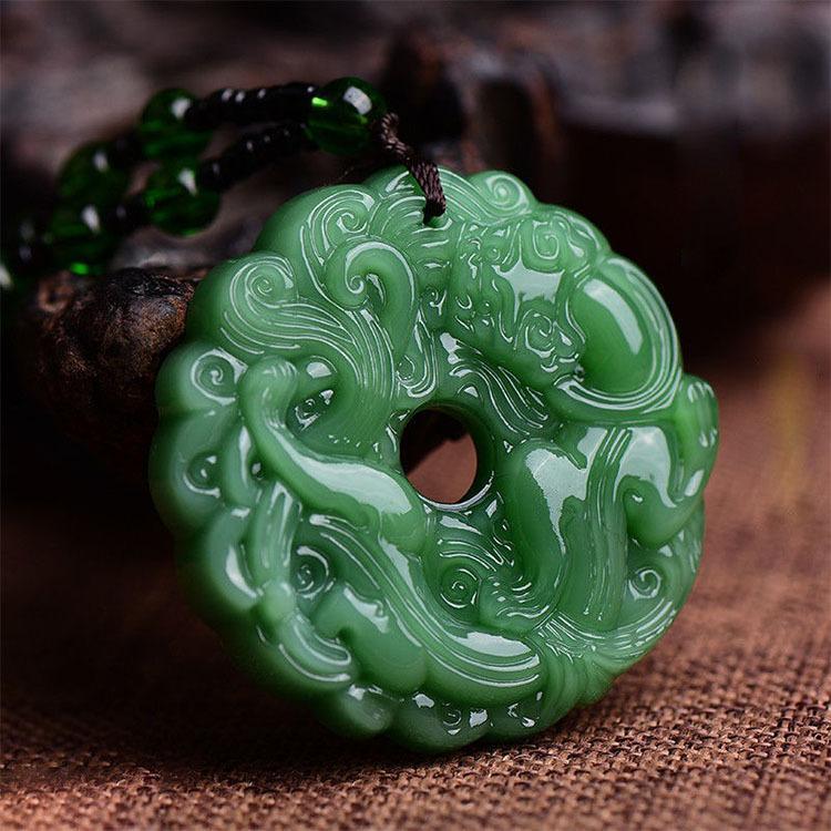 Green Jade Hand-Carved Pixiu Dragon Pendant Necklace Unisex Lucky Jewelry Wealth Attraction Protection Auspicious Amulet Christmas Birthday Gift
