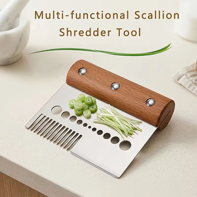 3-in-1 Multifunctional Stainless Steel Herb Stripper & Chopper with Wooden Handle, Green Onion & Rosemary Shredder, Easy to Clean, Time-Saving Kitchen Gadget for Fast Meal Prep; Herb Leaf Stripping Tool for Kale, Chard, Kale, Thyme, Basil, Rosemary, Scall