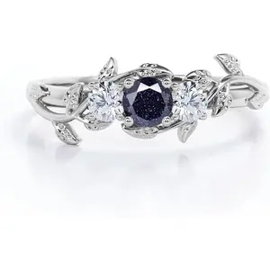 Blue Sandstone Ring for Women, Solid 10K/14K/18K Gold Galaxy Blue Sandstone Promise Ring, Dainty Vintage Wedding Ring, Unique Engagement Ring with Free Engraving
