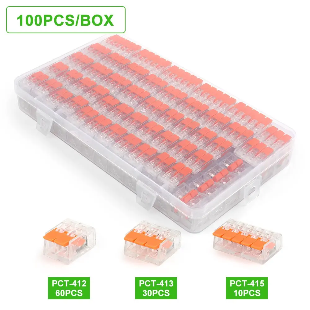 100 pcs/box transparent orange lever nut wire connector kit, push in electrical connection terminals, 2 3 5 ports 28-12 AWG reusable wiring terminals for LED lighting household appliances