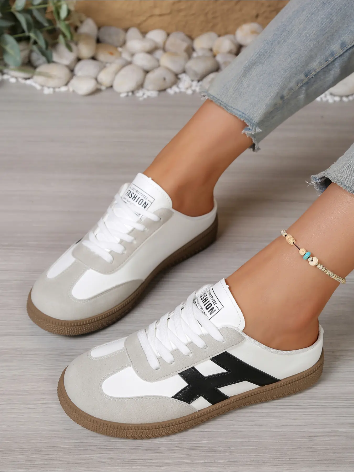 Women Vintage Patchwork Backless Mule Sneakers Fashion Lace Up Rubber Sole Casual Slip On Walking Flats Two Styles Available Casual Lightweight Shoes Classic Lace Up