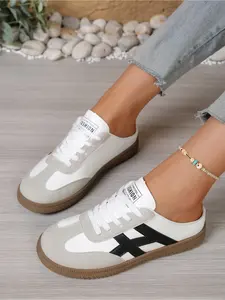 Women Vintage Patchwork Backless Mule Sneakers Lace Up Rubber Sole Casual Slip On Walking Flats Two Styles Available
