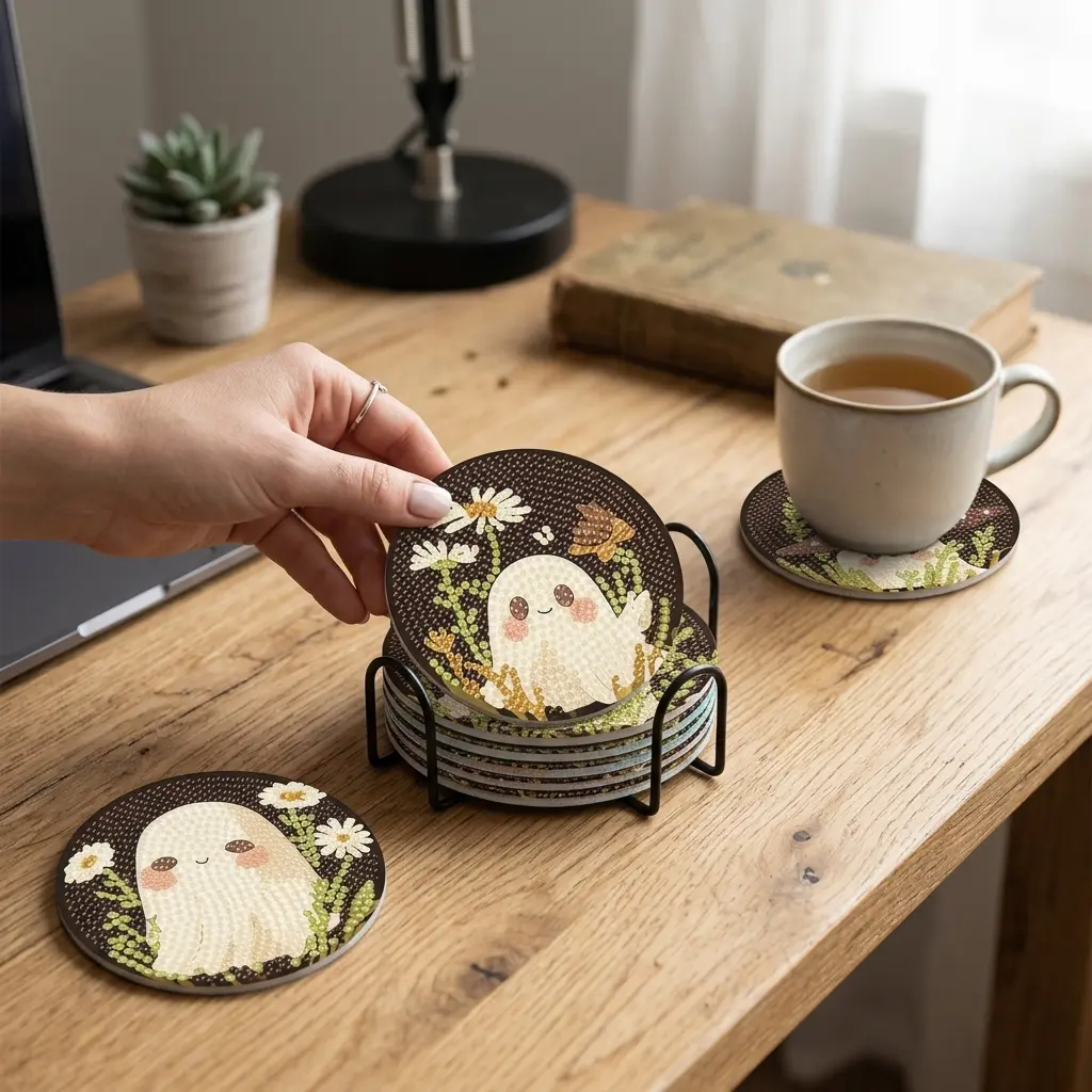 DIY 5D Diamond Painting Coaster Set with Cute Ghost Designs, Round Decorative Craft Coasters