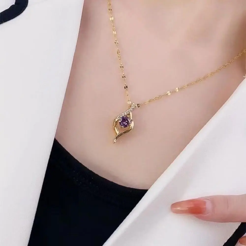 Retro Crystal Necklace for Women, Elegant Stainless Steel Lilac Charm Pendant with Zircon, Luxury Colorfast Korea-Inspired Jewelry, Light Purple Embellished Necklaces, Lilac Charm Necklaces