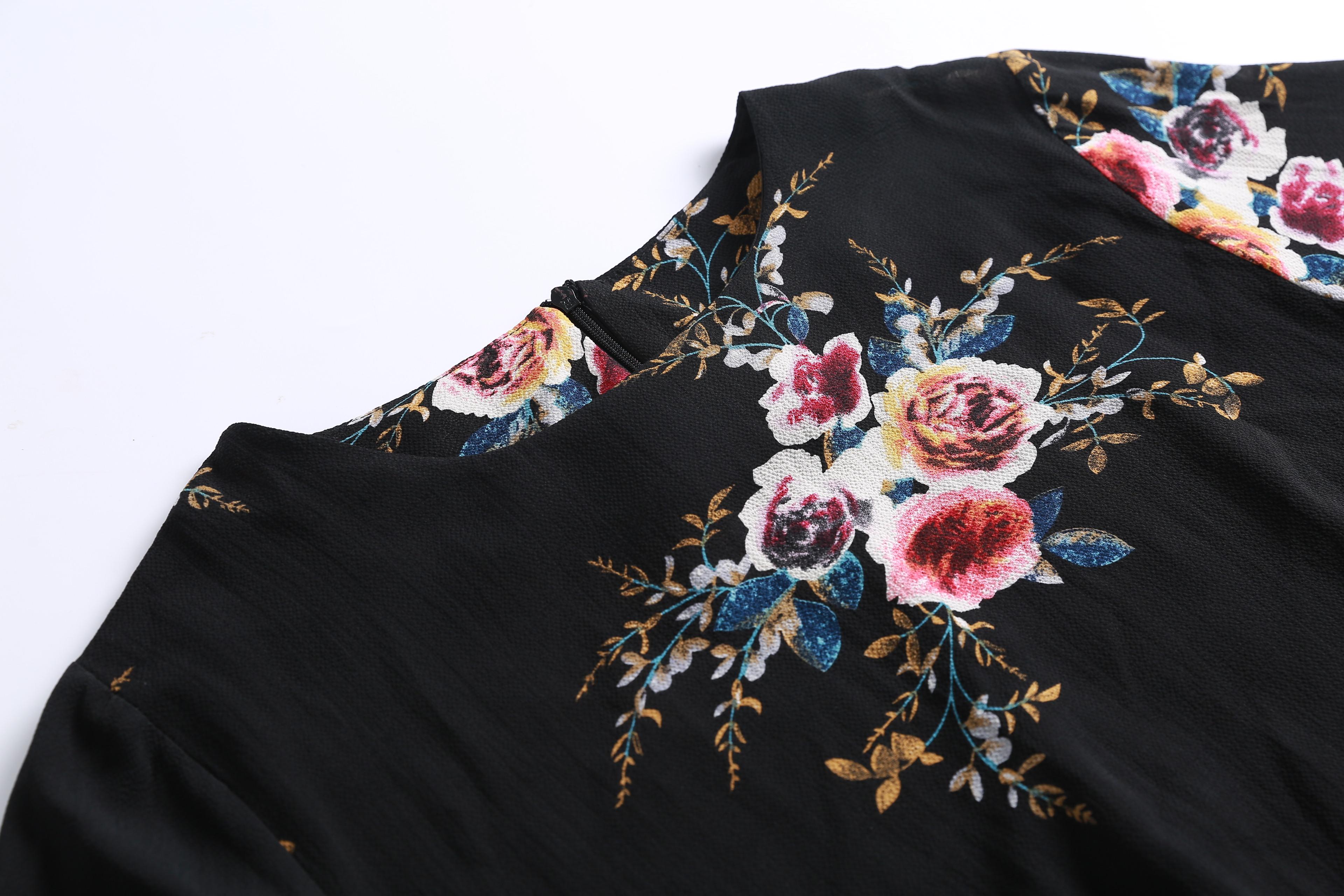 Elegant Rose Print Long Dress, Round Neck Loose-Fit Thin Fabric, Back Zipper Design, Perfect for All Seasons, Women's Fashion