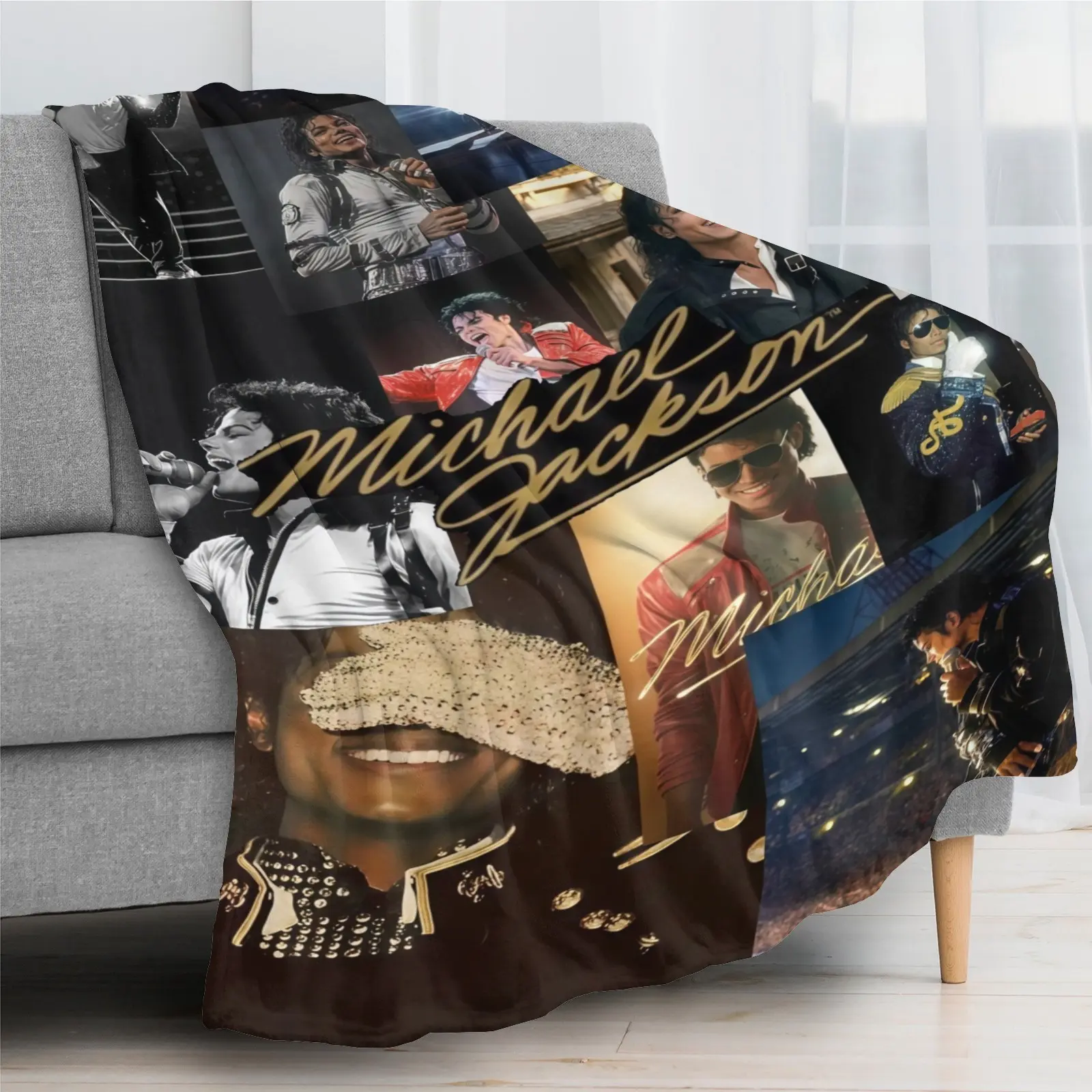 Michael Jackson Collage Portrait Flannel Blanket Black Backdrop with Iconic B&W Monochrome Photos Soft Memorable Gift for MJ Fans