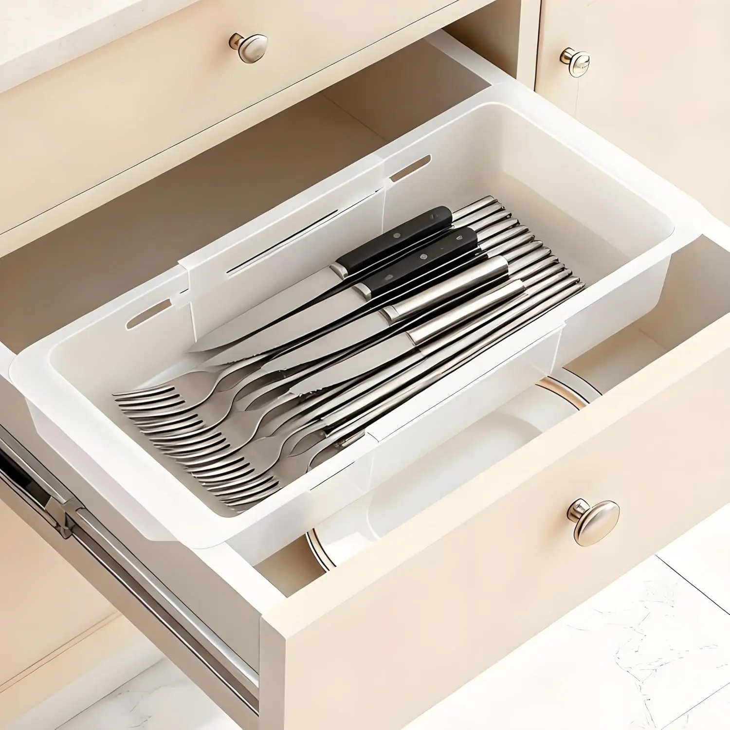2 Pcs Deep Drawer Organizer Kitchen, Adjustable Sliding Drawer Organizer Bin, Transparent Expandable Drawer Organizer Trays Holder for Utensils Makeup Vanity Office, Expand 12" to 17"