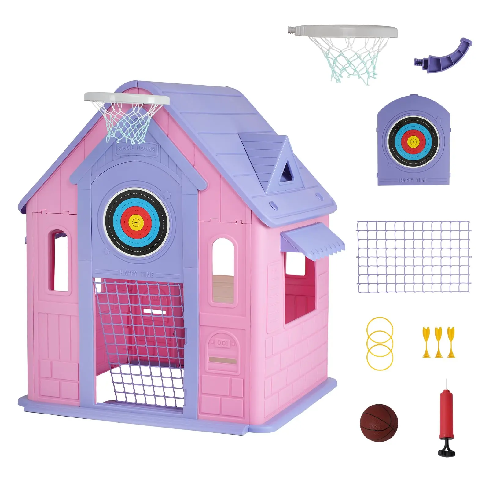 Multi-Activity  Outdoor Playhouse Cottage – Windows, Mailbox, Basketball Hoop, Soccer Net, Ring Toss, Magnetic Dartboard for Ages 2+