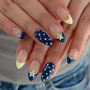 24 Pcs Short Almond Press-On Nails, Transparent Nude Base, Navy Polka Dots, Stars, French Tips, Mini Rhinestones, Reusable, Includes Jelly Glue and File