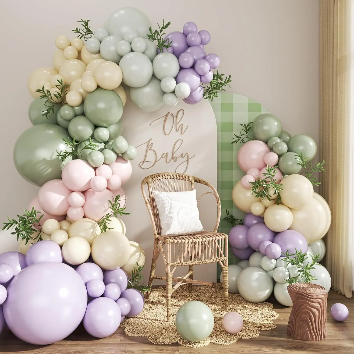 Dusty Green Purple Pastel Pink Balloon Arch Garland Kit 124Pcs Double Stuffed Light Green Sage Green Purple Yellow Macaron Pink Balloons for Wildflower Shower Wedding Birthday Party Decorations