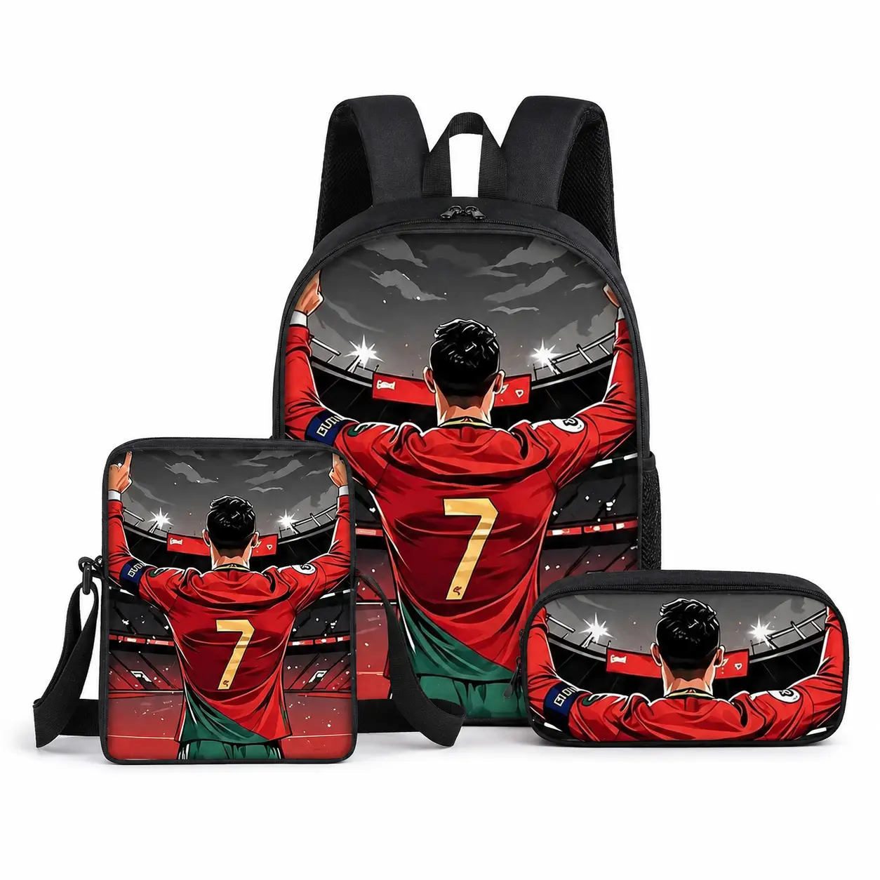 3PCS Kids Soccer All-Over Print Backpack Set - Back to School Large Capacity Oxford Cloth Bag with Lunch Bag, Pencil Case, Adjustable Straps, Preppy Look, Lightweight Travel Bookbag for Boys