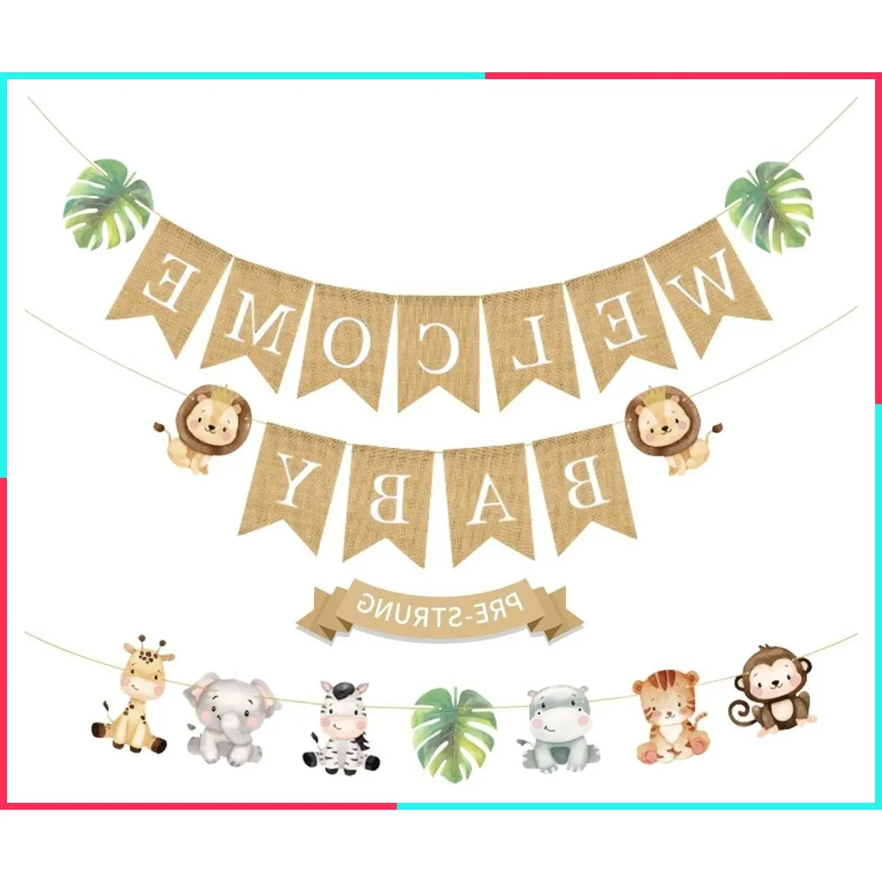 Pre-Strung 6ft Burlap Welcome Baby Banner for Safari Baby Shower Decorations, Neutral Jungle Animals Gender Reveal Party Decor