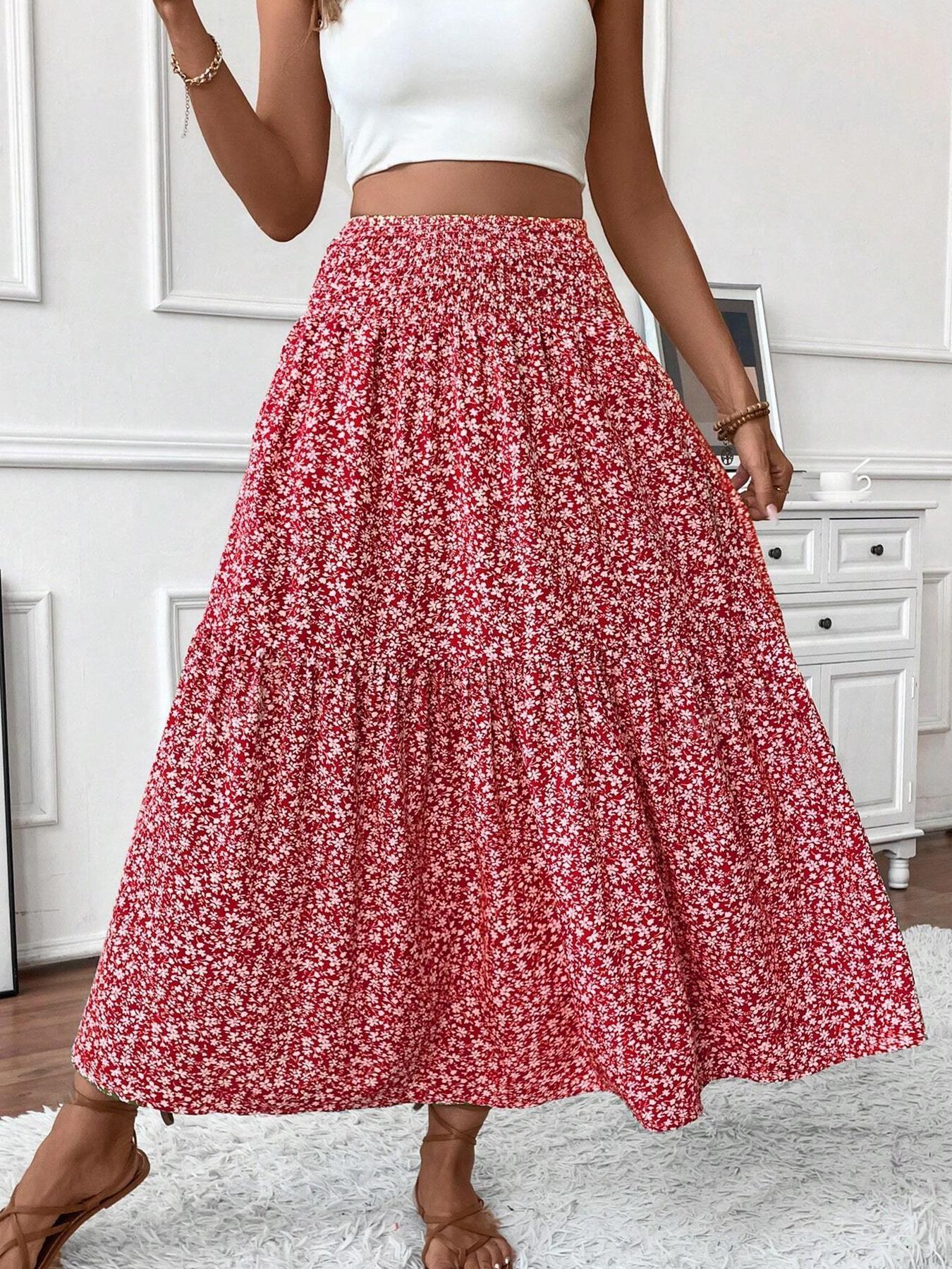 Women's Ditsy Floral Print A Line Ruffle Hem Skirt, Boho Fashion Casual Skirt for Daily Holiday Vacation Wear, Ladies Bottoms for Summer