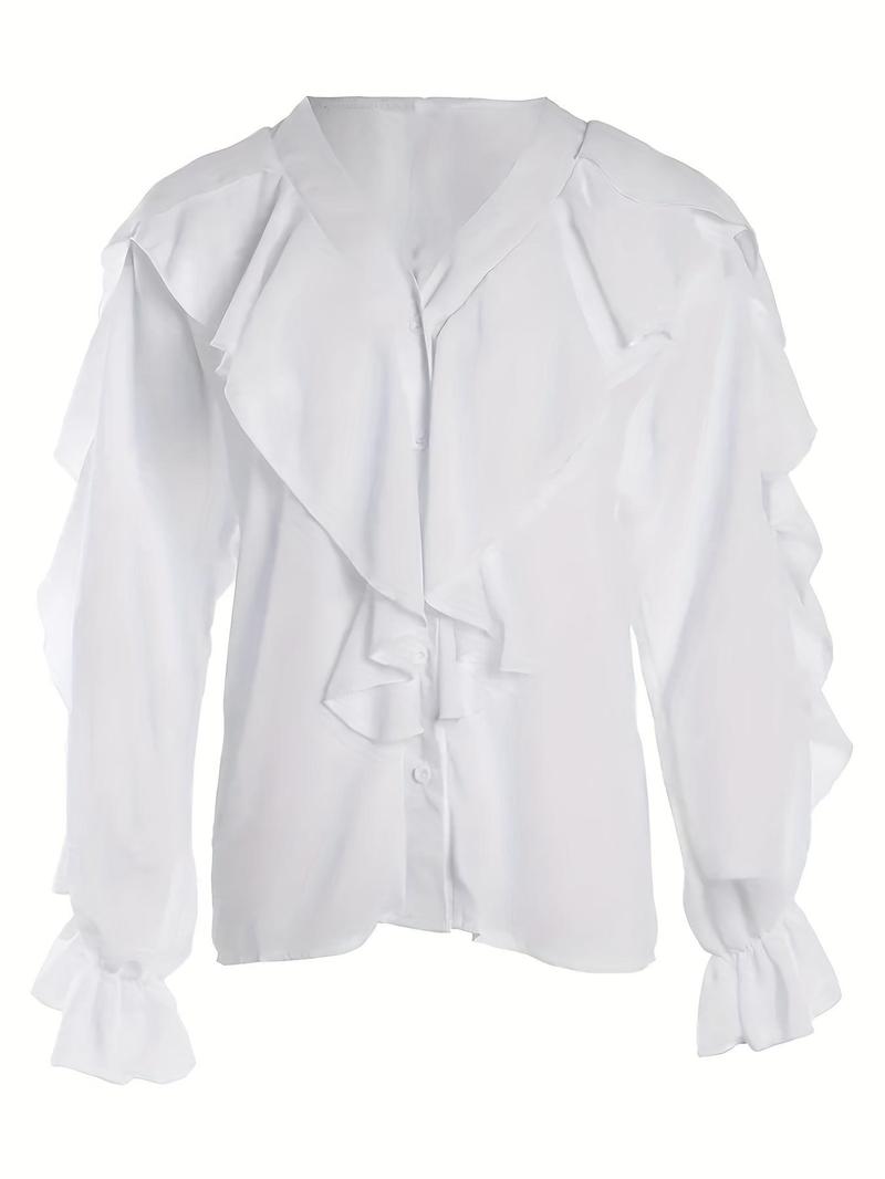 Women's Plain Ruffle Trim Button Front Blouse, Elegant Long Sleeve V Neck Top for Spring & Fall, Ladies Clothes for Daily Wear