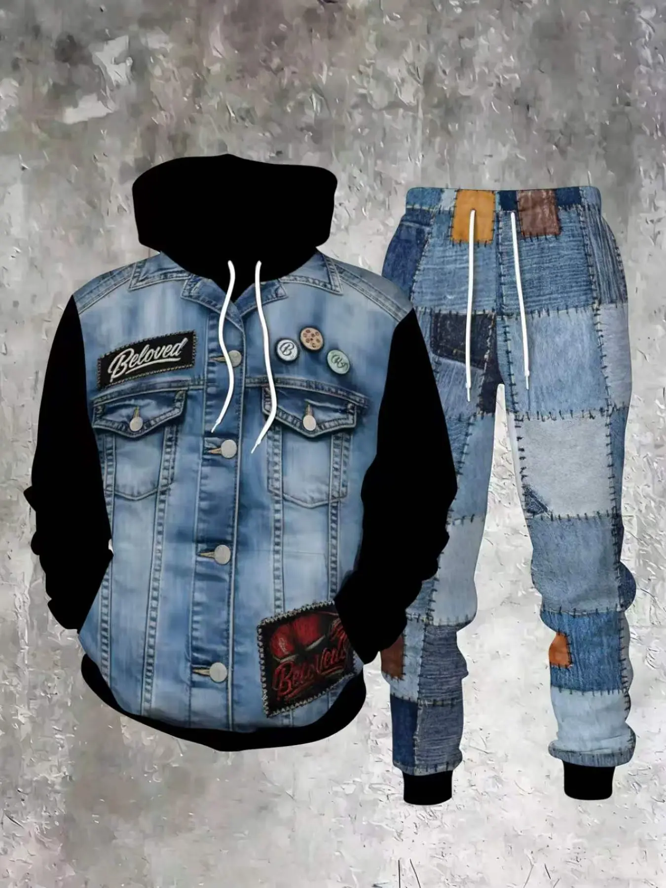 Men's Denim Pattern 3D Hooded Sweatshirt and Jogger Set, Athleisure Sweatsuit, Polyester Casual Sportswear, Slim Fit Knit Fabric, Fall & Winter, Athleisure Workout Set