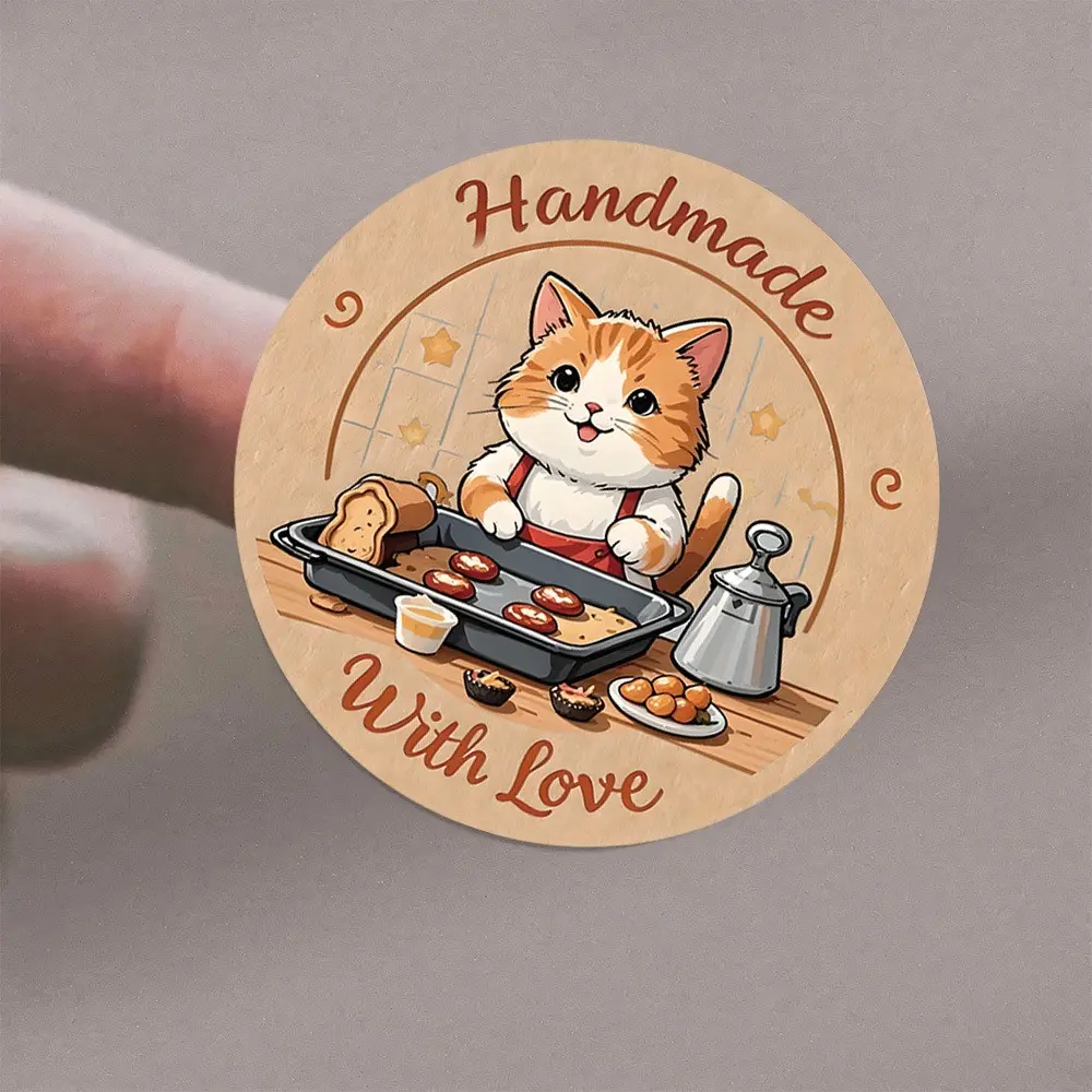 72 Round Stickers with Handmade Cartoon Cat Baking Style, Ideal for Baking Labels, Home Kitchen, Gift Bags, DIY Crafts, Expressing Passion
