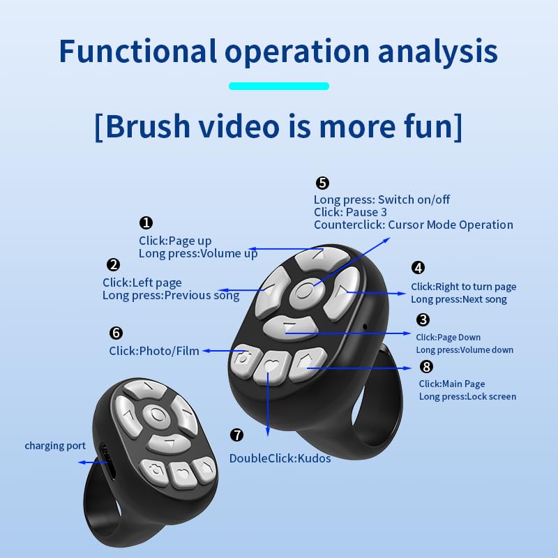 Bluetooth Ring Remote for TikTok, 8-Button Finger Tip Wireless Remote, with Camera Remote Shutter for iPhone & Android (Black)