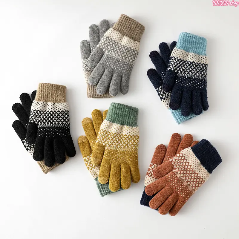 Unisex Knitted Winter Touch Screen Gloves, Jacquard Pattern Fleece Lined Thickened Thermal Finger Gloves, Windproof Warm Insulated Elastic Stretch Sensitive Touch Gloves for Cycling Driving Ski Running Daily Commute Outdoor Cold Weather Use